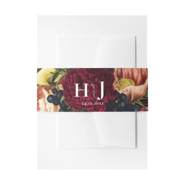 Monogram Moody Burgundy Winter Floral Wedding Einladungsbanderole (Vorderseite Beispiel)