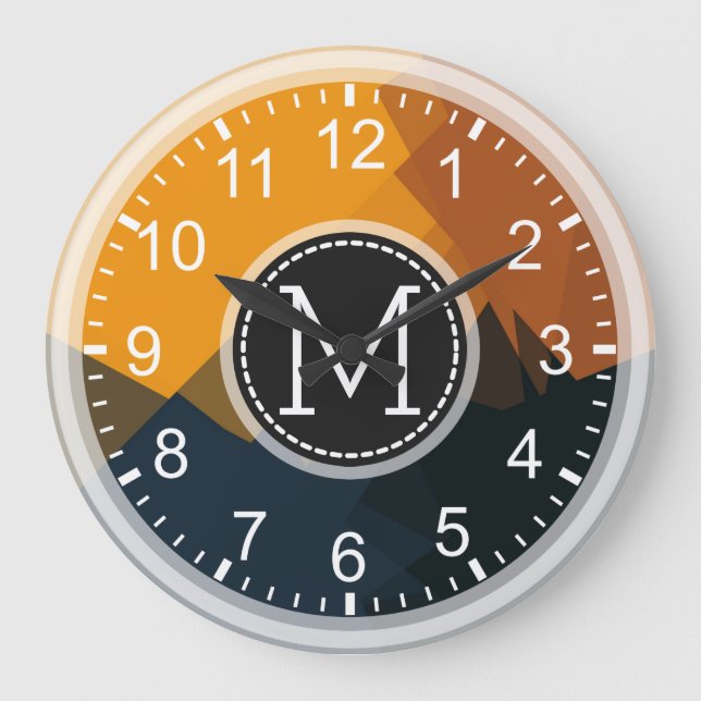 Monogram Mosaik Moderner Pop Gelb Schwarz Große Wanduhr (Vorderseite)