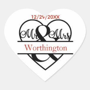 Monogram Mr. and Mrs. Gastgeschenk Hochzeit Sticke Herz-Aufkleber