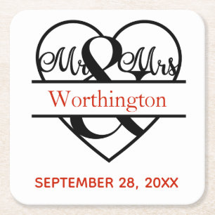 Monogram Mr. and Mrs Red Black Wedding Rechteckiger Pappuntersetzer