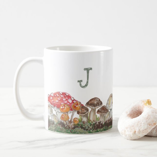 Monogram Mushroom Art Fall Nature Tan Sage Rustic Kaffeetasse (Mit Donut)