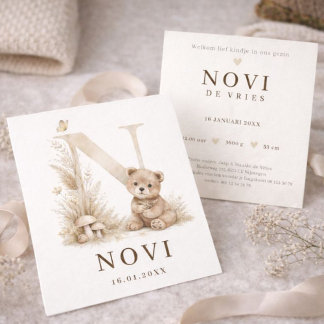 Monogram N Beer Neutraal Woodland Geboortekaartje Karte