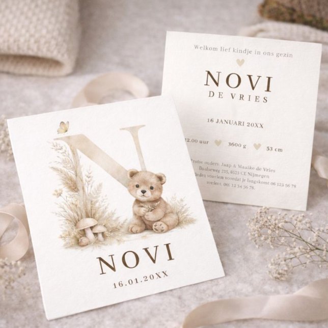 Monogram N Beer Neutraal Woodland Geboortekaartje Karte (Von Creator hochgeladen)