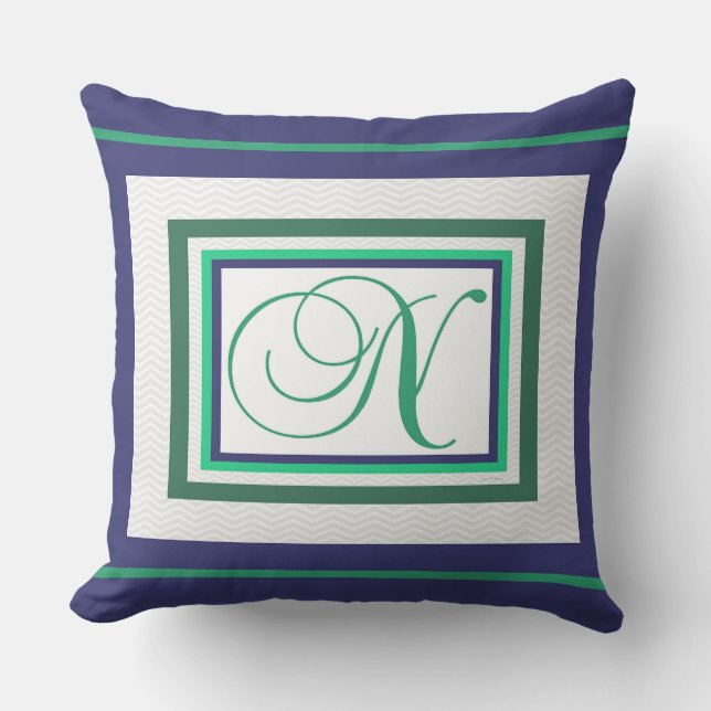 Monogram N Green White Script Kissen (Vorderseite)