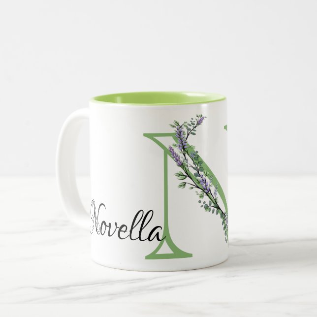 Monogram N Lavendel Eucalyptus Zweifarbige Tasse (Vorderseite Links)