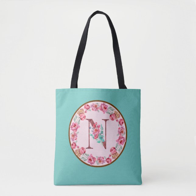 Monogram N Letter with Peony Blume Image Toag (Vorderseite)