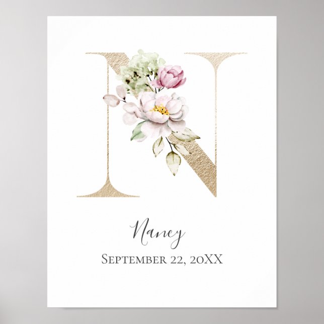 Monogram N Pink White Floral Gold Letter Kinderzim Poster (Vorne)