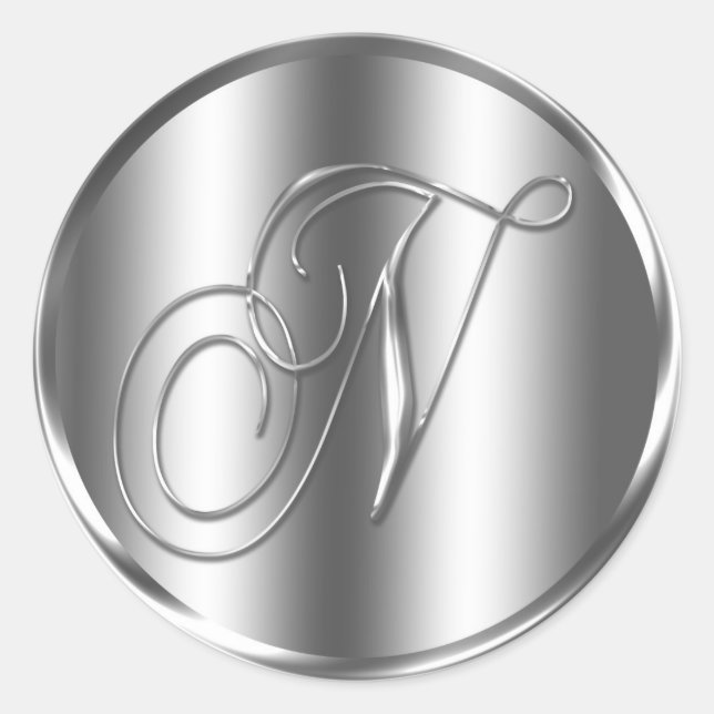 Monogram N Silver Color Wedding Invitation Holiday Runder Aufkleber (Vorderseite)