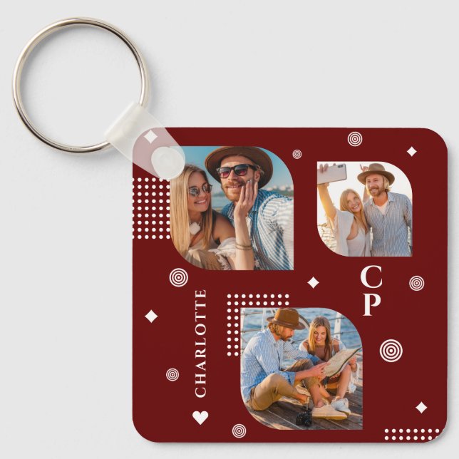 Monogram Name 3 Foto Collage Trendy Schlüsselanhänger (Vorderseite)
