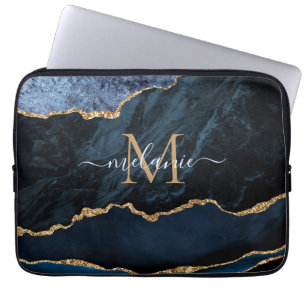 Monogram Name Agate Blue Gold Marmor Laptop Sleeve