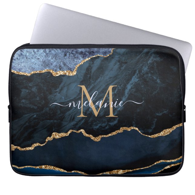 Monogram Name Agate Blue Gold Marmor Laptop Sleeve (Vorderseite)