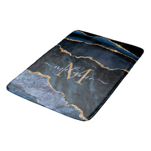 Monogram Name Agate Navy Blue Gold Bath Mat Badematte
