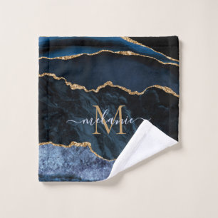 Monogram Name Agate Navy Blue Gold Edelstein Marmo Badhandtuch Set