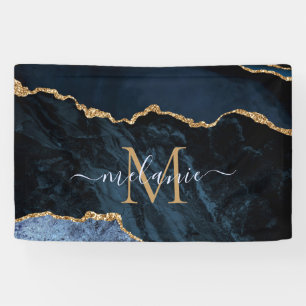 Monogram Name Agate Navy Blue Gold Edelstein Marmo Banner