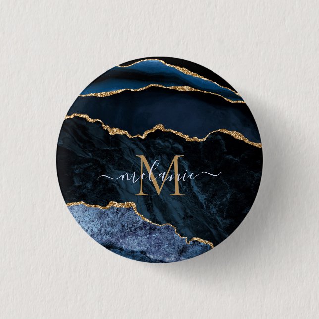 Monogram Name Agate Navy Blue Gold Edelstein Marmo Button (Vorderseite)
