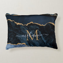 Monogram Name Agate Navy Blue Gold Edelstein Marmo