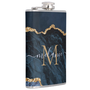 Monogram Name Agate Navy Blue Gold Edelstein Marmo Flachmann