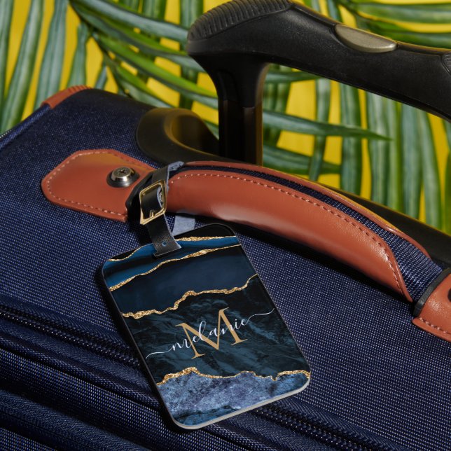 Monogram Name Agate Navy Blue Gold Edelstein Marmo Gepäckanhänger (Vorderseite Insitu 1)