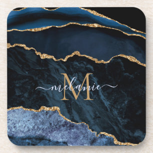 Monogram Name Agate Navy Blue Gold Edelstein Marmo Getränkeuntersetzer