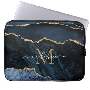 Monogram Name Agate Navy Blue Gold Edelstein Marmo Laptopschutzhülle