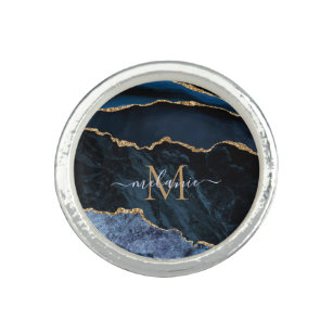 Monogram Name Agate Navy Blue Gold Edelstein Marmo Ring