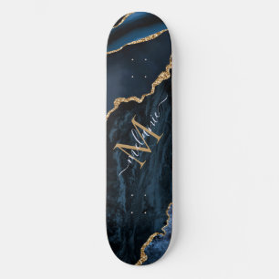 Monogram Name Agate Navy Blue Gold Edelstein Marmo Skateboard