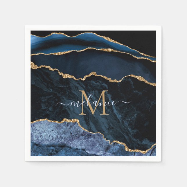 Monogram Name Agate Navy Blue Gold Marmor Napkins Serviette (Vorderseite)
