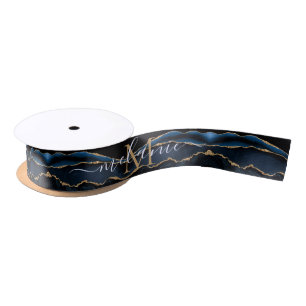 Monogram Name Agate Navy Blue Gold Ribbon Satinband