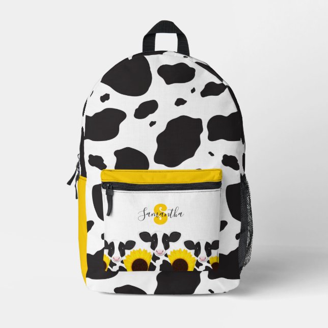 Monogram Name Animal Cow Sunflower Bedruckter Rucksack (Vorderseite)