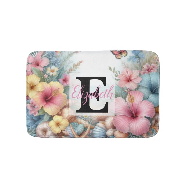 Monogram-Name auf Aquarellfarben-Blume Badematte (Vorderseite)