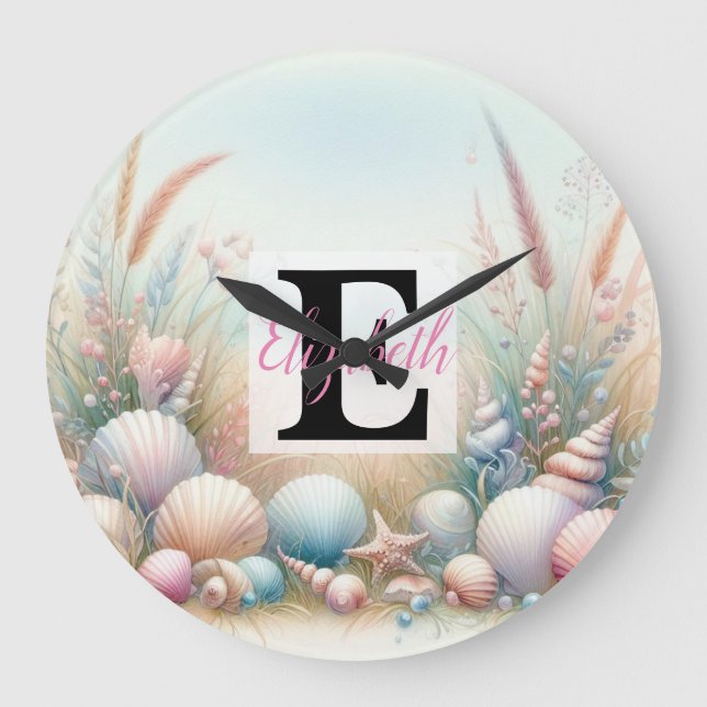 Monogram-Name auf Aquarellfarben-Blume Große Wanduhr (Vorderseite)