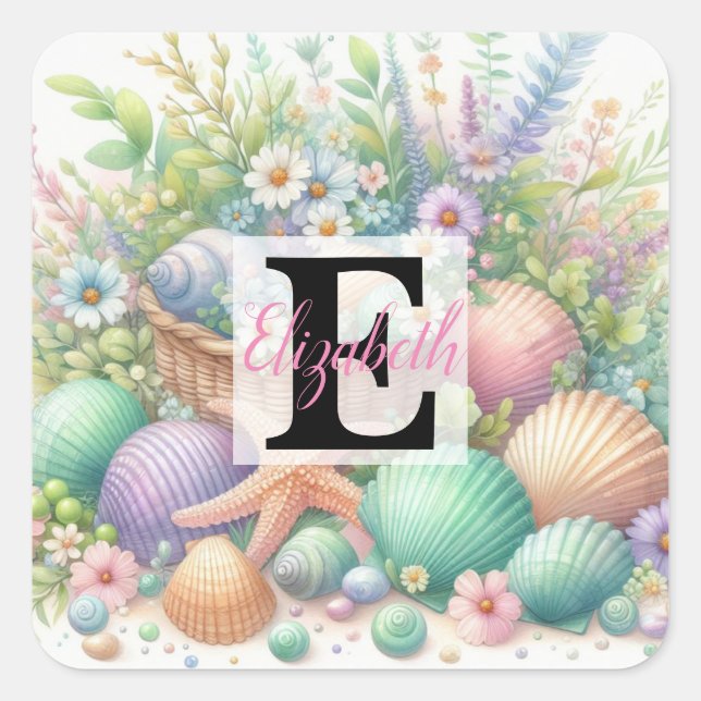 Monogram-Name auf Aquarellfarben-Blume Quadratischer Aufkleber (Vorderseite)