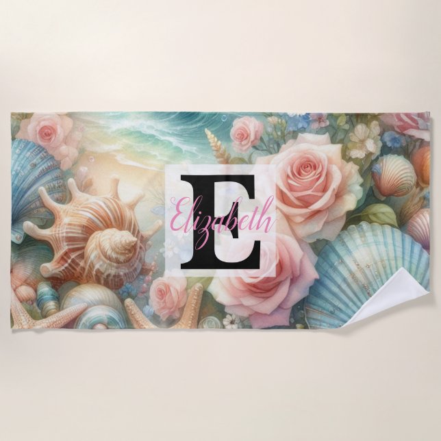 Monogram-Name auf Aquarellfarben-Blume Strandtuch (Vorderseite)