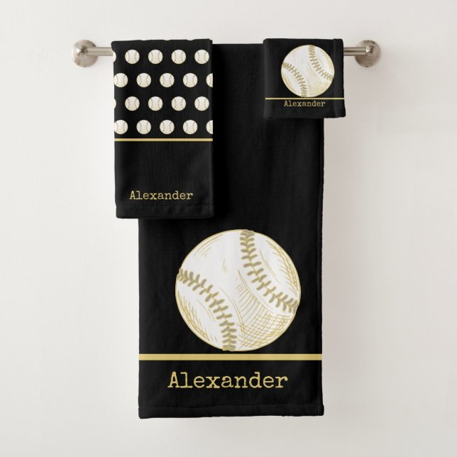Monogram Name Baseball Gold Black Badhandtuch Set (Insitu)