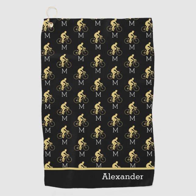 Monogram Name Bicycle Gold Black Golf Handtuch (Vorderseite)