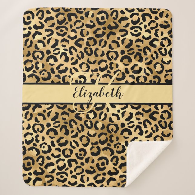 Monogram Name Black Gold Leopard Cheetah Print Sie Sherpadecke (Vorderseite)