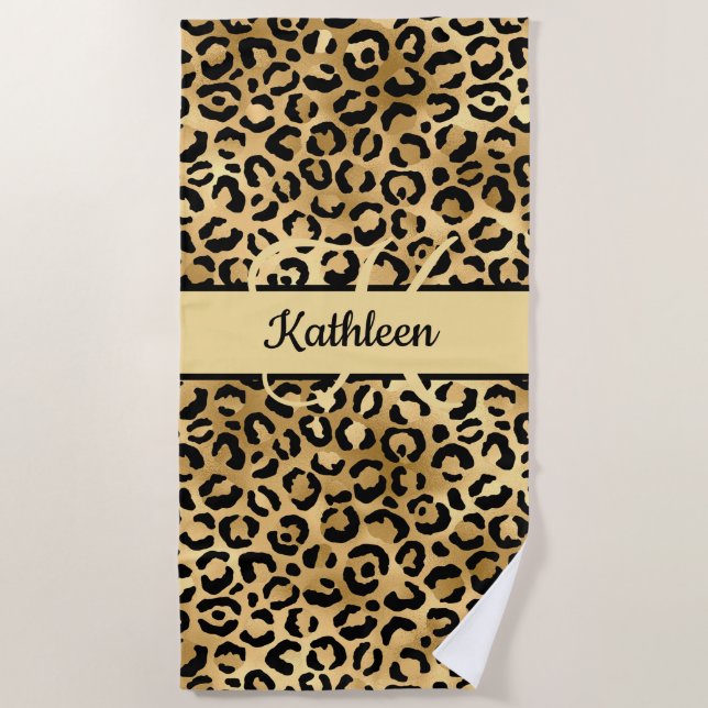 Monogram Name Black Gold Leopard Cheetah Print Strandtuch (Vorderseite)