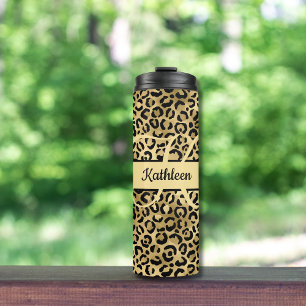 Monogram Name Black Gold Leopard Cheetah Print Thermosbecher