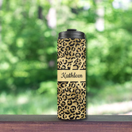 Monogram Name Black Gold Leopard Cheetah Print Thermosbecher