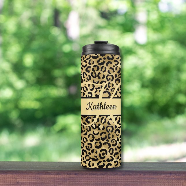 Monogram Name Black Gold Leopard Cheetah Print Thermosbecher (Black Gold Leopard print Cheetah print animal print monogrammed tumbler)
