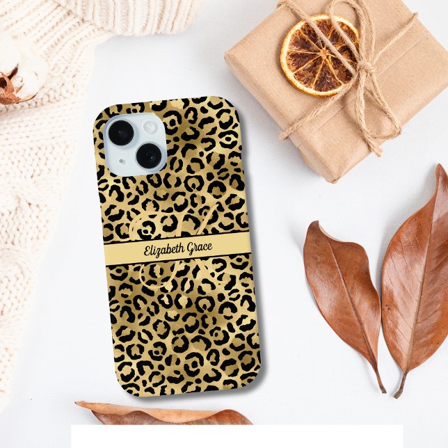 Monogram Name Black Gold Leopard Print Cheetah Case-Mate iPhone Hülle (Monogram Name Initial Gold Black Leopard Print, Cheetah Print, Animal Print iPhone case)