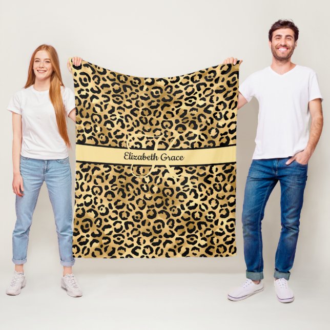 Monogram Name Black Gold Leopard Print Cheetah Fleecedecke (Beispiel)