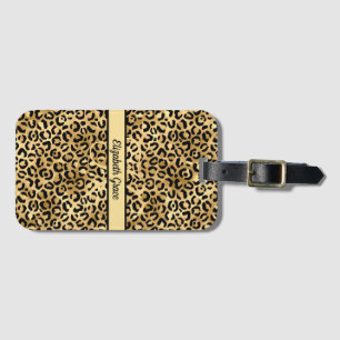 Monogram Name Black Gold Leopard Print Cheetah Gepäckanhänger