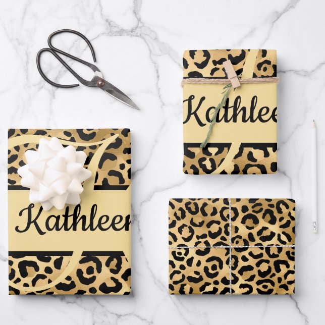 Monogram Name Black Gold Leopard Print Cheetah Geschenkpapier Set (Vorderseite)
