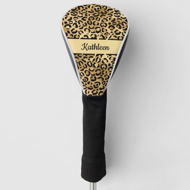 Monogram Name Black Gold Leopard Print Cheetah Golf Headcover (Vorderseite)