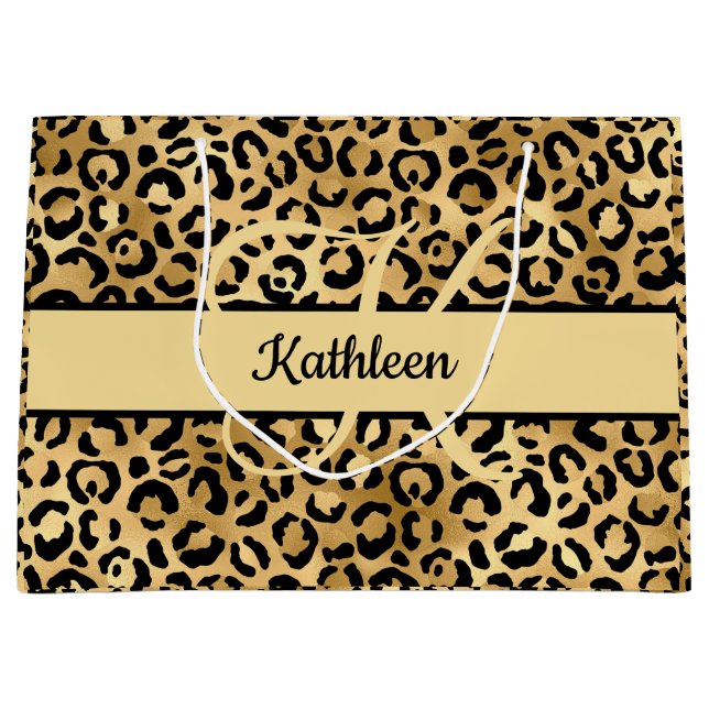 Monogram Name Black Gold Leopard Print Cheetah Große Geschenktüte (Vorderseite)
