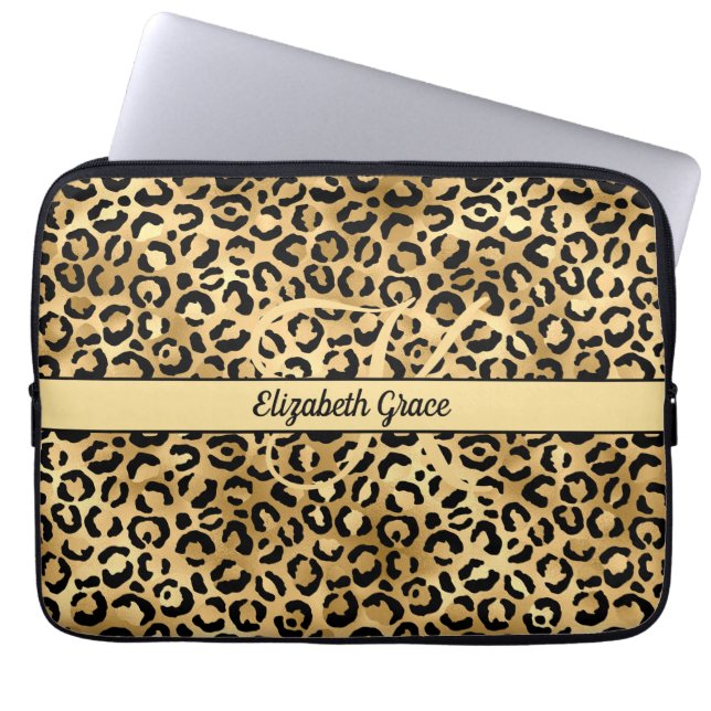 Monogram Name Black Gold Leopard Print Cheetah Laptopschutzhülle (Vorderseite)