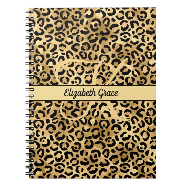 Monogram Name Black Gold Leopard Print Cheetah Notizblock (Vorderseite)