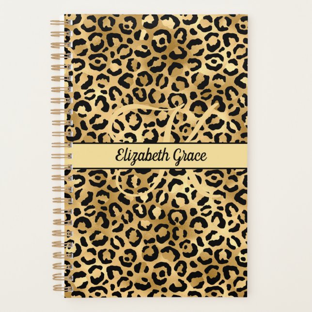Monogram Name Black Gold Leopard Print Cheetah Planer (Vorderseite)