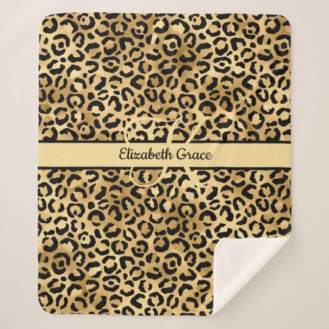 Monogram Name Black Gold Leopard Print Cheetah Sherpadecke (Vorderseite)